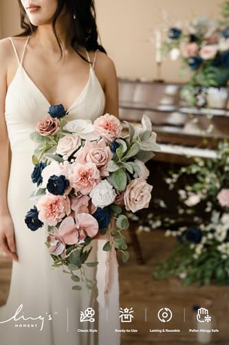 Ling's moment Dusty Rose Navy Blue Bridal Bouquet Cascading, Pink and Blue Wedding Bouquets for Bride, 15 Inch Silk Artificial Wedding Flower Bouquet - color: Pk-exquisite Dusty Rose & Navy, size: Medium 15 Inch