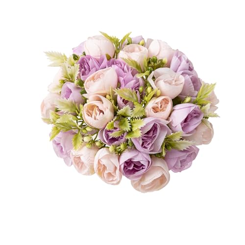 2Bouquet 14 Heads Artificial Rose Silk Flower Arrangements for Home Bridal Kitchen Wedding Party Festival Decor (Purple) - color: Purple