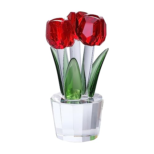 Qianwei Crystal Tulips Flowers Figurine Red with Vase - Glass Flower Bouquet Collectible Figurines Crystal Office Home Decor Paperweight - Tulip Gifts for Women Mom Bestfriend Wedding Anniversary - color: Red Tulip
