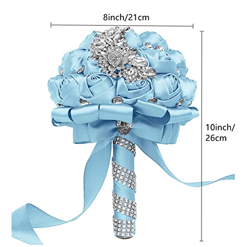 XINNI Handmade Bridal Wedding Bouquet Bride Bridesmaid Satin Rose Flower Bouquet with Meteor Shower Shape Rhinestone Wedding Decoration Light Blue - color: Light Blue