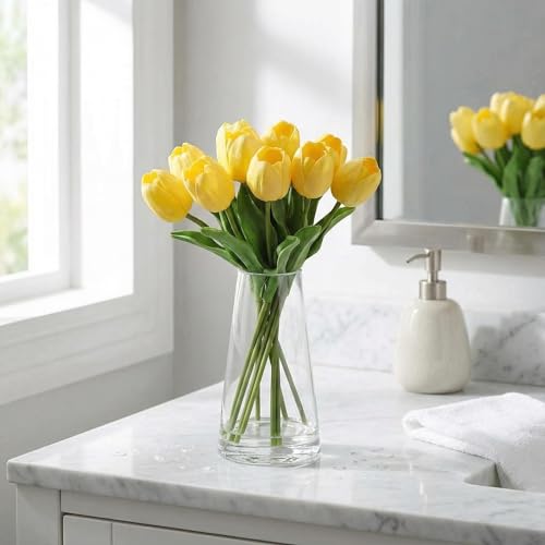 Garvee Artificial Tulips with Vase, Real Touch Silk PU Faux Tulips Bouquet, Lifelike Tulips Artificial Flowers for Table Centerpieces, Wedding Decor, Home Decoration, Yellow - color: Yellow