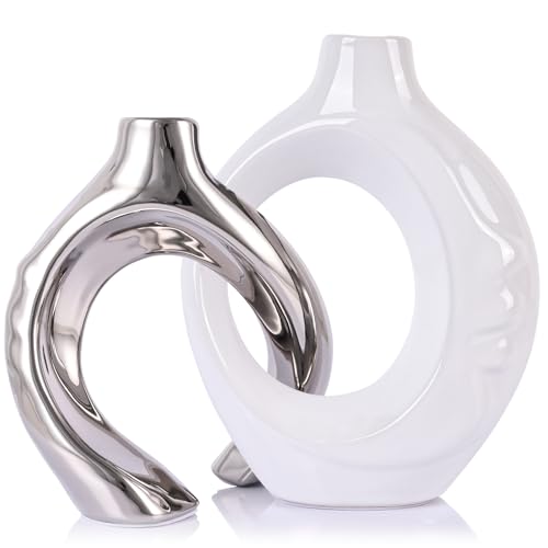 LCCCK White and Silver Ceramic Vases for Home Decor, Boho Vase for Flowers Pampas Grass Decorative, White Silver Hollow Donut Small Vase for Living Room Table Wedding Centerpiece Modern Vases - color: White and Silver