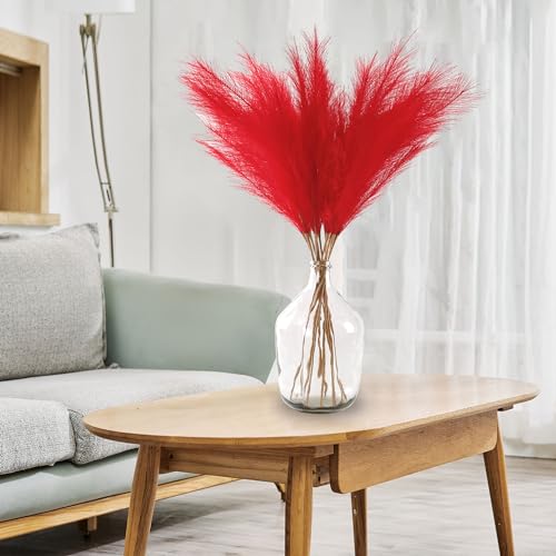 12 Pcs Red Faux Pampas Grass Decor 38"/3.1FT Tall Fake Pompas Floral Large Artificial Pompous Grass Branches Plants for Floor Vase Filler Home Boho Decoration - color: Red