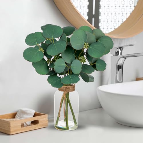 Briful Artificial Eucalyptus Stems in Clear Glass Vase with Faux Water, 14" Fake Plant Eucalyptus Leaves for Home Office Farmhouse Wedding Centerpiece Décor - color: Dark Green