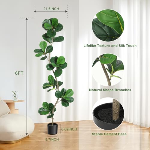 GarveeHome Artificial Fiddle Leaf Fig Tree - 6 ft Fake Plant with Black Nursery Planter, Large Fake Tree for Home or Office Decor - Artificial Plants Indoor Outdoor, Housewarming Gift - size: 6ft