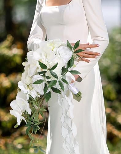 Bridal Bouquets for Bride,10 Inch White Wedding Bouquets for Bride for Ceremony Anniversary Wedding Bridal Shower(White Green) - color: White Green