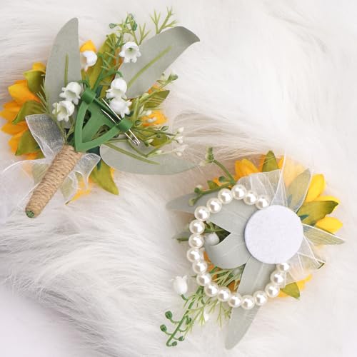 2Pcs Sunflower Corsage Wristlet and Boutonniere for Men Set - Perfect for Prom Decorations Weddings Party Suit Flower Accessories - color: Sunflower