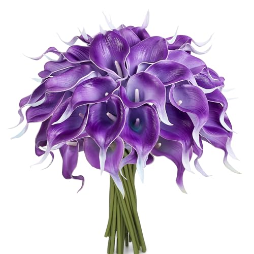 24 Pcs Purple Artificial Calla Lily Flowers Fake Purple Silk Flowers Real Touch for Wedding Bouquet Office Home Kitchen Decor - color: Purple