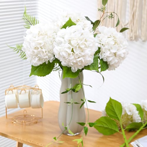 Nubry 4Pcs White Hydrangea Artificial Flowers, 22.5In Latex Faux Real Touch Large Hydrangea Flowers with Long Stems & Leaves for Home Office Decor Wedding Party Arrangements(White) - color: White, size: 4 Pcs