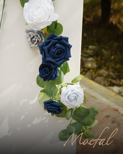 24pcs Navy Blue Artificial Flowers Combo, Faux Foam Roses & Peonies Fake Flowers with Stems for DIY Wedding Bouquets, Table Centerpieces, Bridal Shower, Cake Flowers & Home Party Decorations - color: Blu-navy Blue