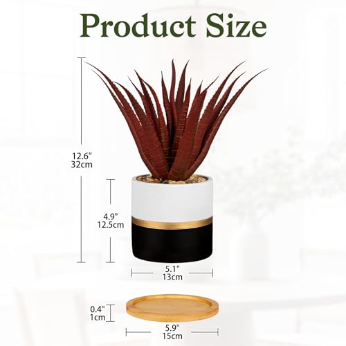Briful Artificial Red Succulent Plant in Pot with Bamboo Tray, Small Agave Fake Plant for Desk Decor, Modern Aloe Faux Plant for Office, Shelf, Table, Bedroom, Indoor Home Decoration - color: Red Aloe#009