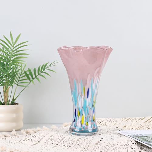 9.0" H Blush Glass Vases for Flowers, Unique Hand Blown Glass Vase Blush Home Decor, Wide Mouth Colorful Flower Vase Centerpieces, for Living Room Table Bookshelf, Bathroom Office Shelf Decorative - color: Blush