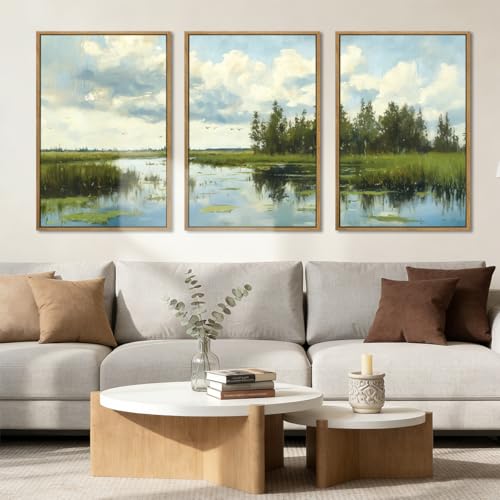 BINCUE Framed Green Nature Wall Art Lake Scenery Wall Decor Landscape Art Print Green Nature Landscape Artwork Green Plants Wall Pictures for Living Room Bedroom Office Farmhouse 16 x24 Inches Set of 3 Gift - color: Farmhouse Landscape, size: 24"L x 16"W