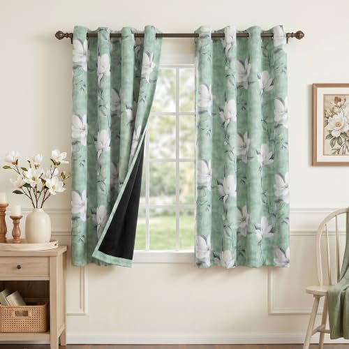 MYSKY HOME Floral 95% Blackout Curtains 63 Inch Long 2 Panels Set for Kitchen White Flower Printed Thermal Insulated Light Blocking Black Out Grommet Window Treatments, 52" W Each Panel, Sage Green - color: Sage Green, size: 52"W x 63"L (Pack of 2)