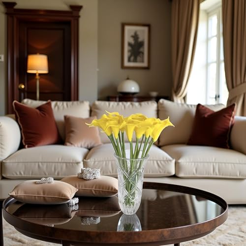 Floral Kingdom 20 Pack Artificial Calla Lily Flowers 14 Inch Yellow - Real Touch Latex Flowers for Home Decor, Kitchen Counters, Breakfast Nooks & Weddings - color: Yellow