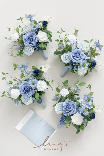 Ling's moment Artificial Flowers Dusty Blue Bridesmaid Bouquet Set of 4, Blue & Ivory Wedding Flowers Bouquets for Bridesmaids, 7 Inch Bridal Bouquets for Bridesmaids, Wedding, etc - color: Blu-dusty Blue