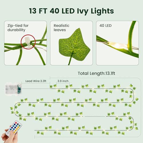 HEYFUNi Ivy Vines with Lights with Remote, 13 Ft 40LED Artificial Green Leaf String Lights USB/Battery Operated, Fake Vines for Bedroom Wall Aesthetic, Dorm, Room Decor, Warm White - color: IVY- Remote, size: 40 LED-USB & Battery