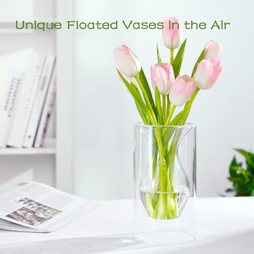 ZENS Unique Small Flower Vase, Modern Double Hollow Clear Glass Vase, Floating Decorative Vase Hand Blown Cool Bud Vase for Home Small Bouquet, Wedding Centerpieces - color: Transparent, size: 7 inch tall Lantern Vase