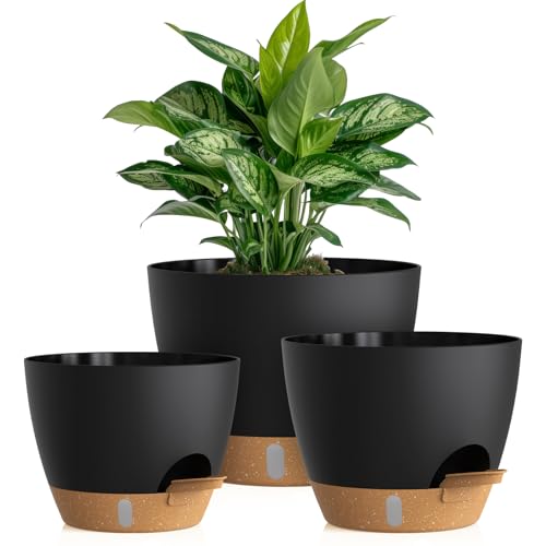 Self Watering Pots with Drainage Holes, 3 Pack 12/10/8 Inch Plant Pots with Water Level Indicator Deep Reservoir, Large Plastic Planter for Indoor Outdoor Plants - Black Brown - color: Black Brown, size: 12+10+8 Inch Set
