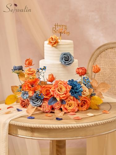 Serwalin Fall Flowers Artificial, Orange Silk Flowers with Stems, Fake Roses Blue Dahia Flower for Wedding Bouquets Bridal Baby Shower Party Arrangment Cake Floral Decoration - color: A Bright Orange & Blue, size: 1 Box