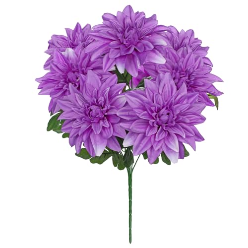Hollyone Purple Artificial Dahlia Flowers Bush 7 Heads Silk 15.7" Fake Dahlias Flowers Wedding Bouquets Faux Dahlia Flowers Floral Arrangements for Outdoor Indoor Party Table Centerpieces Home Decor - color: Purple