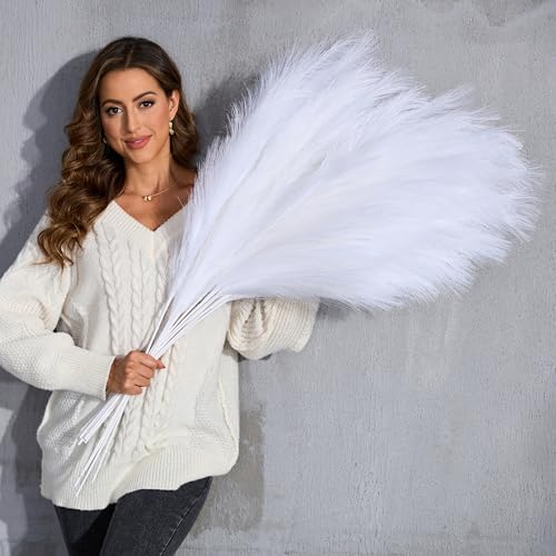 White Pampas Grass Tall, 9 PCS 43''/ 110 cm Large Fluffy Faux Pampas Grass, Fake Pompas Branches, Long Feathers for Floor Vase, Boho Flower Arrangement for Home Wedding Decor (White) - color: White