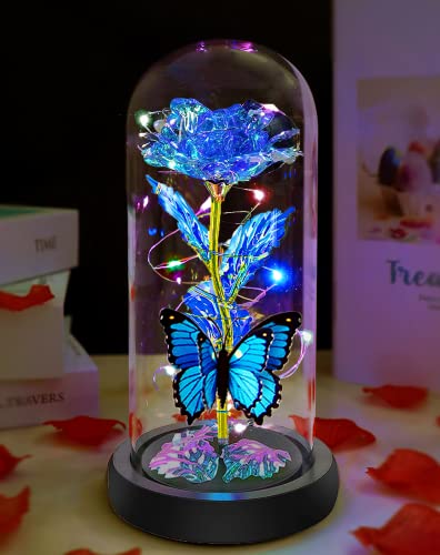 Mothers Day Rose Flower Gifts for Mom, Birthday Gifts for Women, Galaxy Crystal Light Up Rose Flowers in A Glass Dome, Mother Day Presents Wife Grandma Sister Her Mom from Daughter Butterfly Blue - color: A-blue