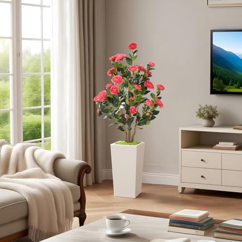 Romantic Season 4FT Artificial Camellia Tree with White Tall Planter, Pink Faux Camellia Plant Flower Tree for Modern Home Office Living Room Floor Décor Outdoor Indoor，Pink - color: Pink
