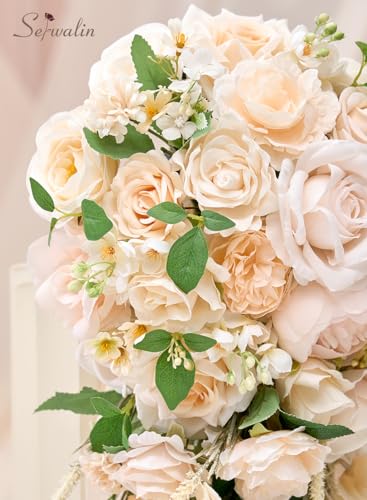 Serwalin 11 Inch Champagne Wedding Bouquets for Bride Bridesmaid, Artificial Rose Bridal Bouquets for Bride, Wedding Flowers Bouquet Tossing Bouquet, Wedding Ceremony and Anniversary - color: Champagne