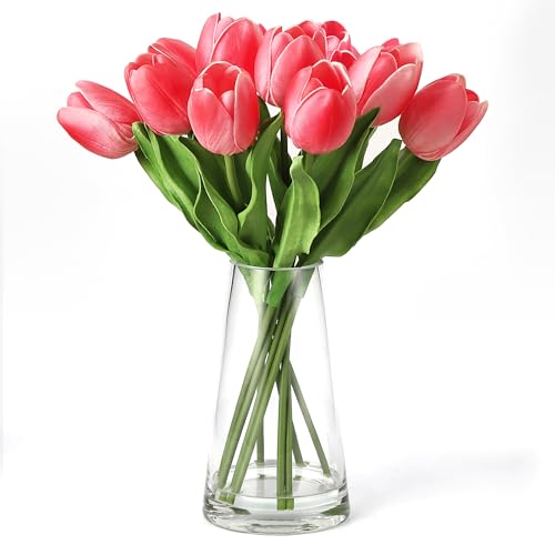 Rose Red Artificial Tulips in Glass Vase with Fake Water - 10 Stems PU Silk Flowers for Home Bedroom Decor - color: Rose Red, size: TULIP-BL-10