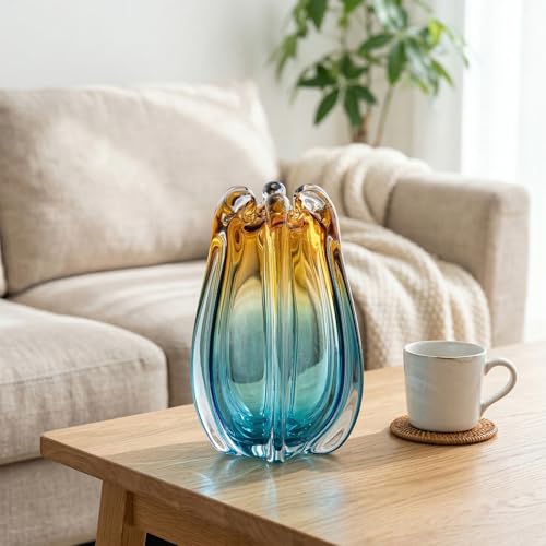 Hand Blown Glass Vase for Flowers, 9.45" Unique Murano Style Art Glass Vase, Fluted Teal Amber Ombre Decorative Vases for Home Decor, Living Room Table Centerpiece, Bookshelf, Wedding Gift