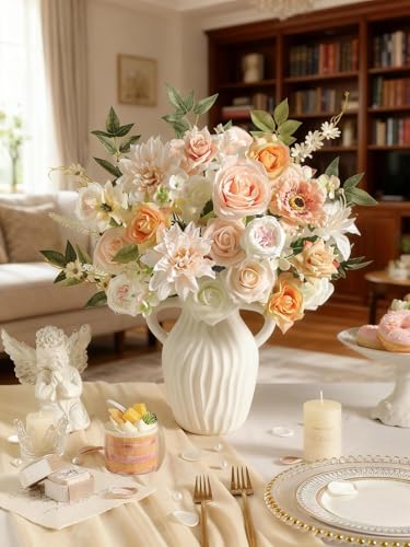 Artificial Flowers,Champagne White Pink Silk Fake Flowers for DIY Wedding Bridal Bouquets, Wedding Cake Flowers for Table Centerpieces Baby Shower Birthday Party Home Decorations - color: Champagne White Pink