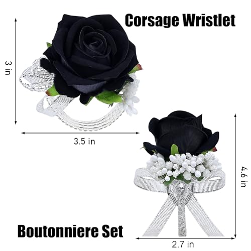2Pcs Rose Black Corsage and Boutonniere Set, Artificial Wrist Corsage Wristlet Bracelets, Men Boutonniere for Wedding Anniversary Party Homecoming Flowers Accessories Prom Decor - color: Navy Blue