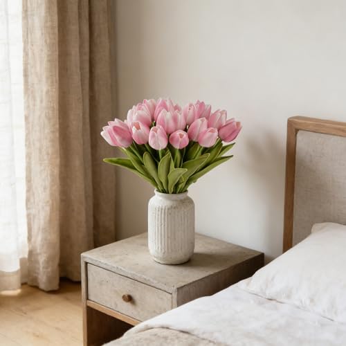 Artificial Tulips Bridal Wedding Festival Decor Bouquet Real Touch PU Flower Bouquet Pack of 20 (Pink) - color: Pink