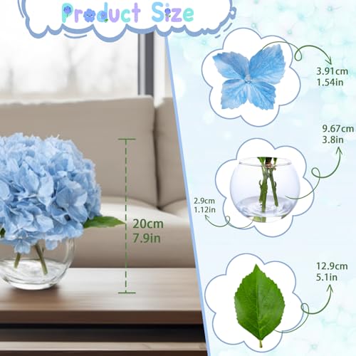 Blue Artificial Hydrangea Flowers in Glass Vase with Faux Water, 3 Stems Lifelike Fake Floral Arrangement, UV-Resistant Odorless Centerpieces for Dining Table Home Office Decor (7.9") - color: Blue
