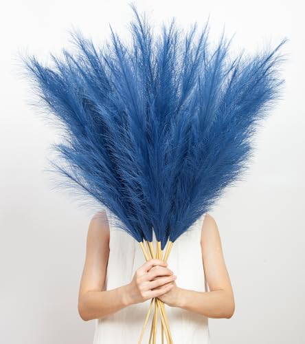 9 Pcs 45" Tall Pampas Grass Blue Decor, Long Stem Artificial Flower Floor Vase Large Faux Floral Pompas Fake Plants Dried Bouquet Arrangement Vase Filler for Boho Home Wedding Decoration - color: 9 Pcs 45" Blue Style