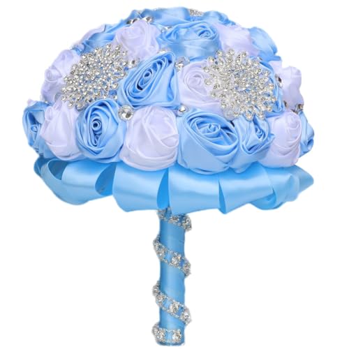 Light Blue and White Bridal Wedding Bouquet with Bling Snowflake Brooch Rhinestone Pearl Satin Rose Flower Bouquet for Bride Bridesmaid Quinceanera Wedding Light Blue and White 6.3in - color: Light Blue & White(silver Snowflake), size: Diameter: 6.3 inche