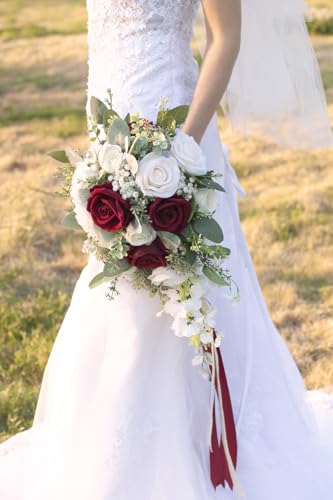 12 Inch Cascade Wedding Bouquets for Bride, Burgundy & White Cascading Bridal Bouquet for Wedding Silk Artificial Flowers - color: Burgundy & White