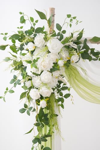 Deluxe Wedding Arch Flowers with Drapes Kit Pack of 4, 2pcs White Green Mint Leaves Hanging Silk Flowers Arrangement 2pcs Chiffon Drapes for Ceremony Arbor Party Outdoor Decor - color: White Greenery