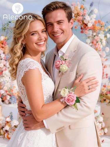 Alecono Pink Corsage and Boutonniere Set, Corsages for Bride Bridesmaid Groom Bridegroom, Artificial Flowers for Prom Graduation Ceremony Anniversary - color: Pink, size: Corsage and Boutonniere Set