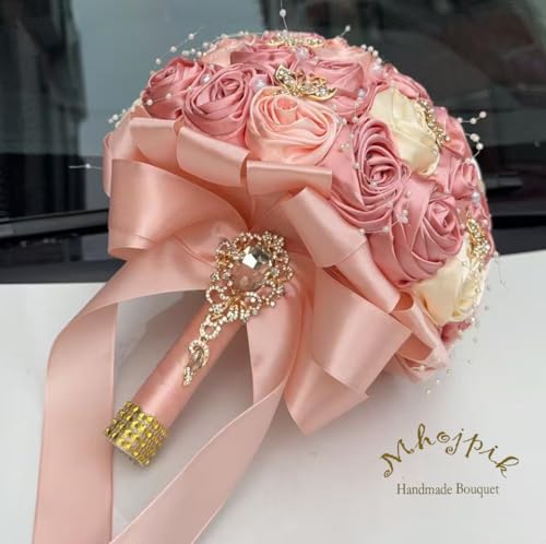 Handmade Wedding Flowers Bouquet Round Holding Bridal Bouquet Artificial Satin Roses Bunch for Bride Bridesmaid Wedding Quinceanera - color: Blush Pink, Light Salmon & Cream, size: Medium (Dia. 8.7"/22cm)