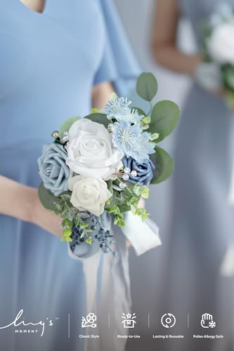 Ling's moment Artificial Bridesmaid Bouquets Set of 6,Dusty Blue Wedding Flower Bouquets White Rose Floral Bouquet Bridal Bouquets with Ribbon,Ceremony,Anniversary,7-inch Diameter - color: Blu-dusty Blue & Navy Blue