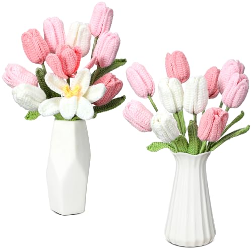 Shihanee 10 Pcs Tulip Crochet Flowers Bouquet Handmade Knitted Flower Decor Birthday Gifts for Mom Mother's Day Women Grandma Spring Home Vase Centerpiece, 13.7"(Pink, White) - color: Pink, White