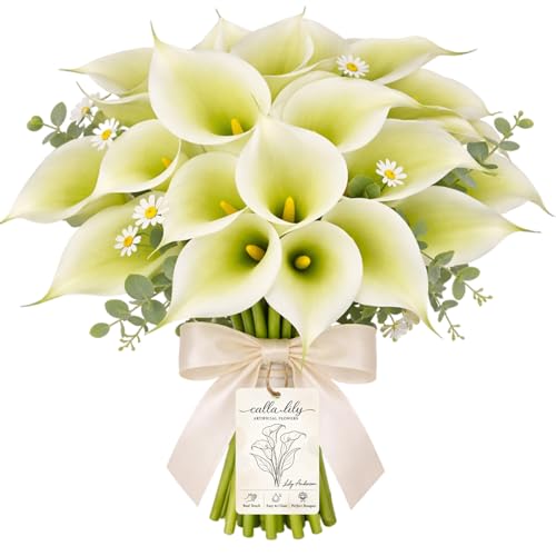 White Calla Lily Artificial Flowers 12/24/30 Pcs with Eucalyptus Leaves and Daisies, Real Touch Faux Calla Lilies Bouquet for Wedding Party Home Decor Memorial Display (Green, 30PCS) - color: Green, size: 30PCS