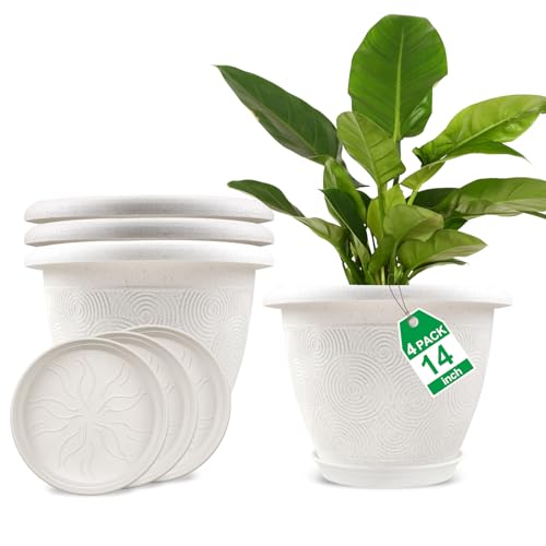 Plastic Flower Pots Planters For Indoor Plants, 4 Pack 14 Inch White Plant Pots With Drainage Hole & Tray, Modern Decorative Large Plant Pot With Saucer For Indoor Outdoor Plants Garden House Planter - color: White, size: 14 inch-4 pack