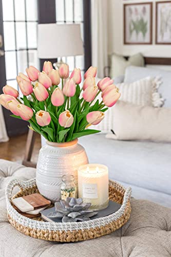 24 Pink Tulips - Artificial Flowers - 13.5" Faux Tulips for Mother's Day, Vase, Centerpieces, Home, Wedding Bouquet - color: 24pcs Gradient Peachy