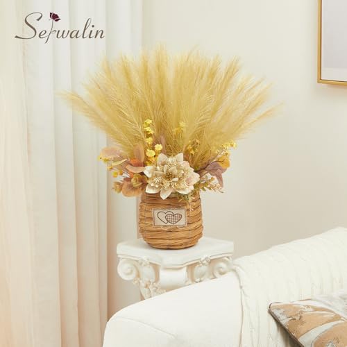 Serwalin 60Pcs Gold Pampas Grass Decor, 17.7" Faux Pampas Grass, Artificial Short Pompas Grass Branches Fluffy Plant Vase Filler Boho Decoration for Home Wedding Party - color: D Gold