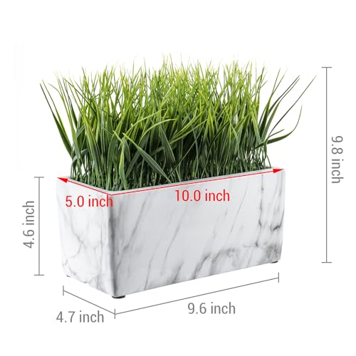 MyGift 10 Inch Artificial Green Grass Plant in Rectangular White Marble Pattern Ceramic Planter Pot - color: White Marble