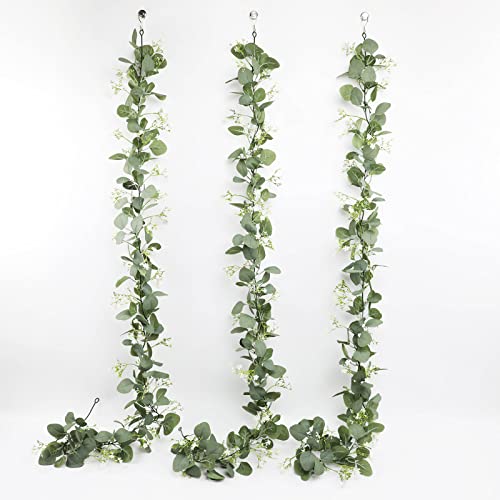Gypsophila Artificial Eucalyptus Garland 2 Pack, 5.8Ft Faux Baby Breath Flowers Vine, Real Touch Hanging Flower Decor for Wedding Arch Party (White)