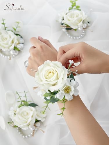 Serwalin 6 PCS Ivory Rose Wrist Corsages for Wedding, Corsages for Prom Homecoming Party Corsage Hand Decor for Bride Bridesmaids, Mother of Bride and Groom - color: Ivory, size: Corsage 6pcs
